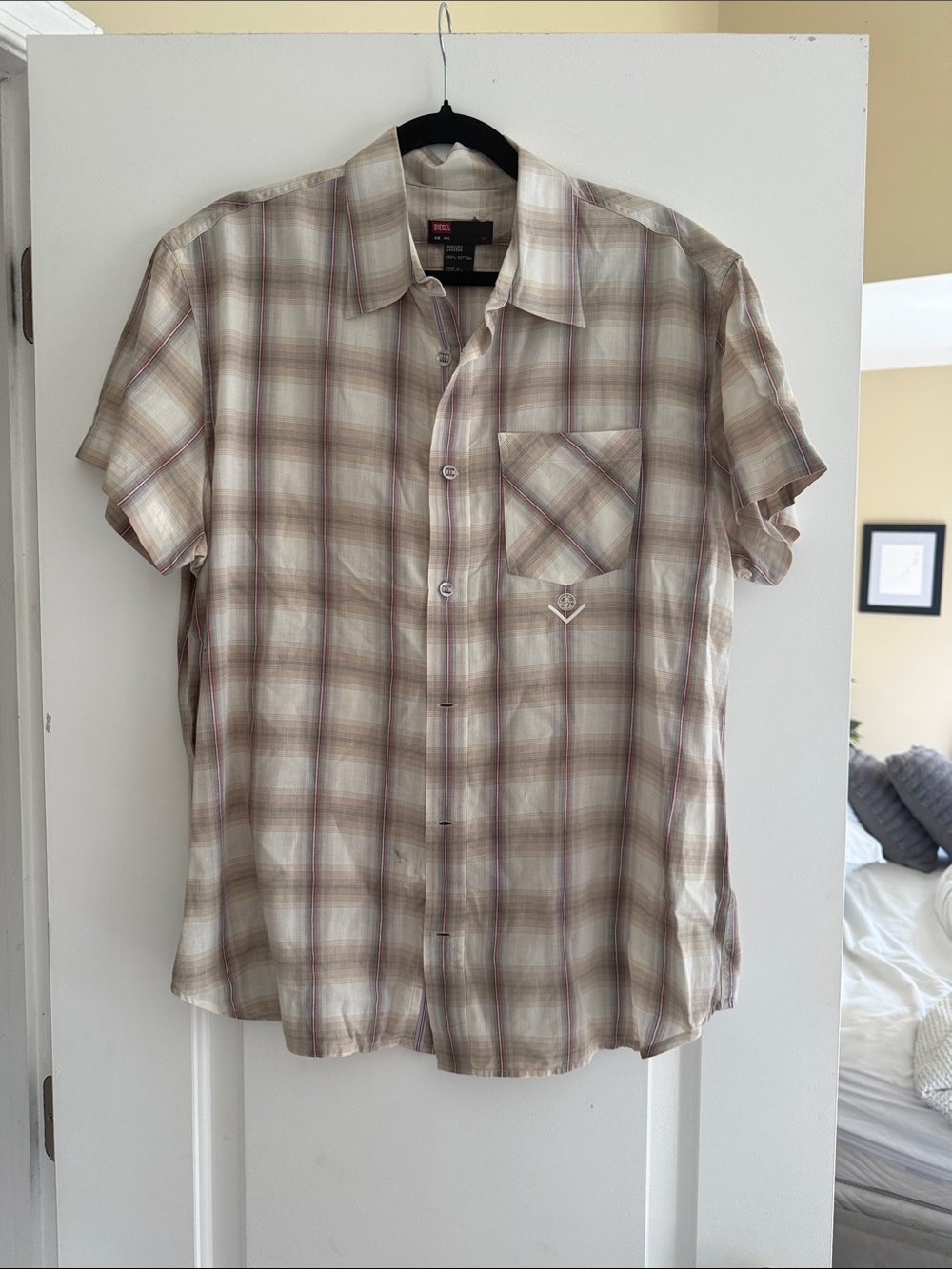 Diesel Beige and Brown Plaid Short-Sleeve Button-Down Shirt